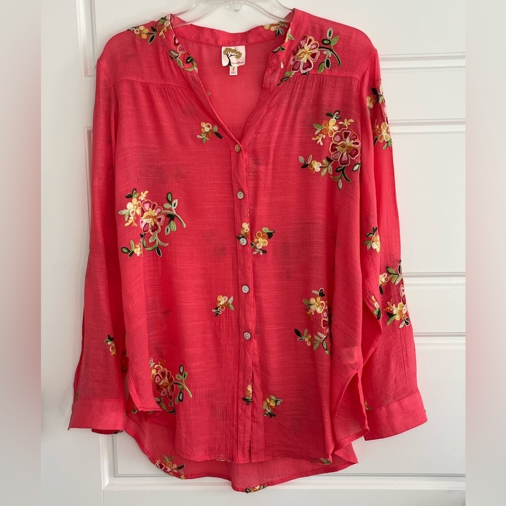Anthropologie Fig and Flower Split V Neck Button Up Embroidered Top Tunic Size L